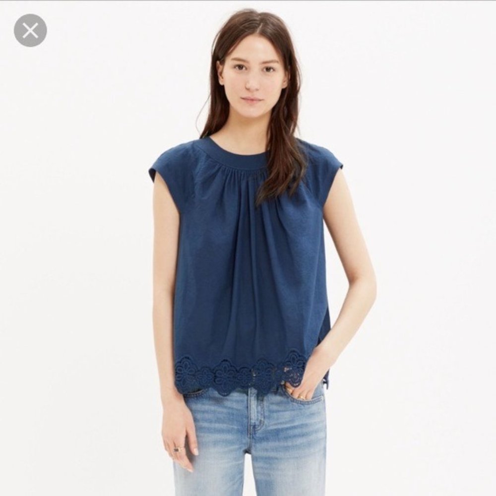 MADEWELL Eyelet-Hem Stitched Peasant Top Navy XS